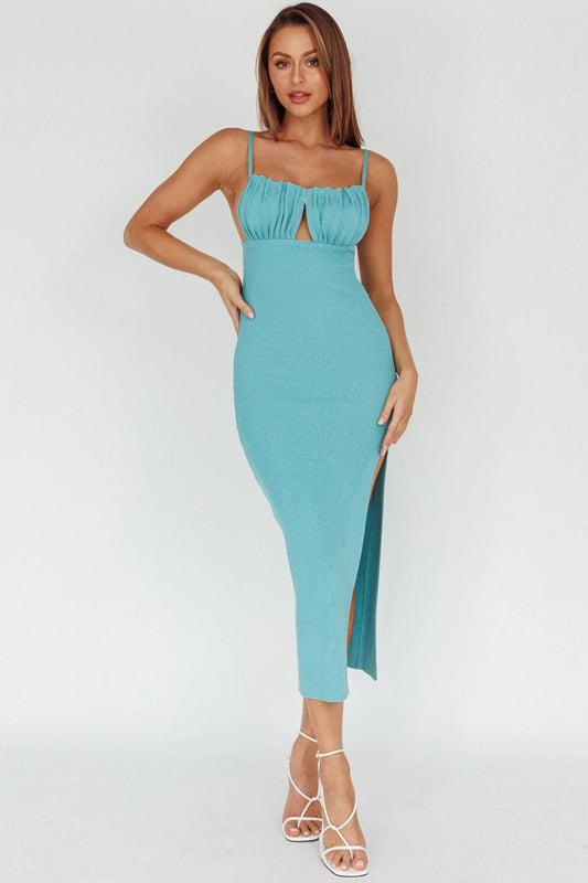 Jelina Gathered Bust Knit Midi Dress Teal