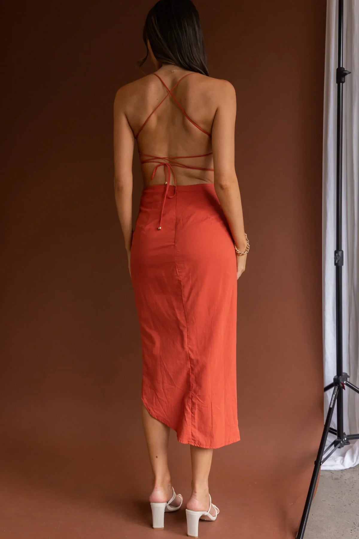 Heaven On Earth Lace-Up Back Midi Dress Rust