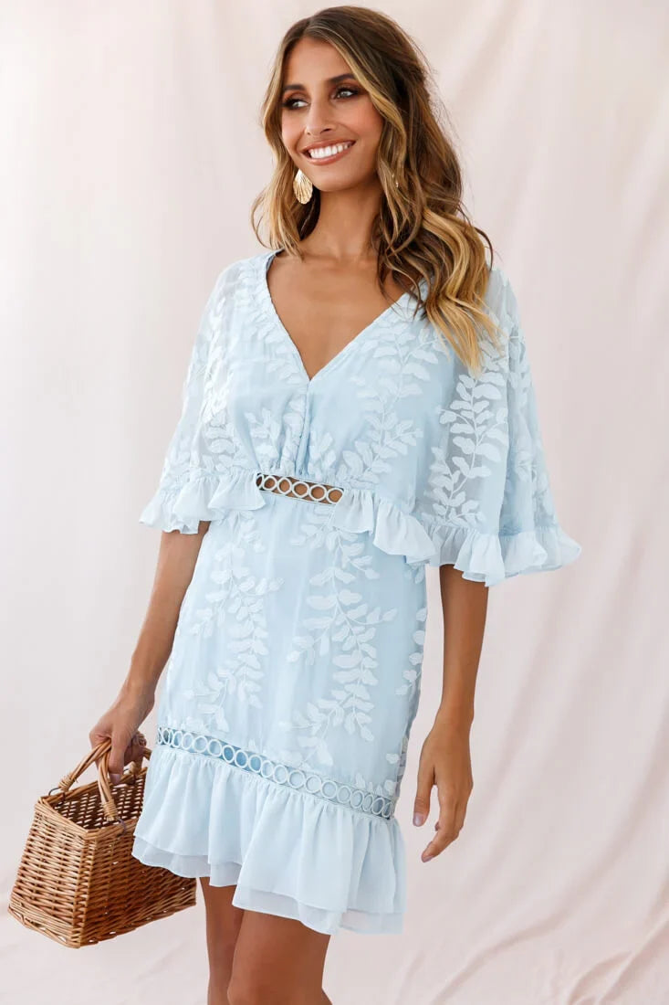 Caspar Leafy Embroidered Dress Baby Blue Tall