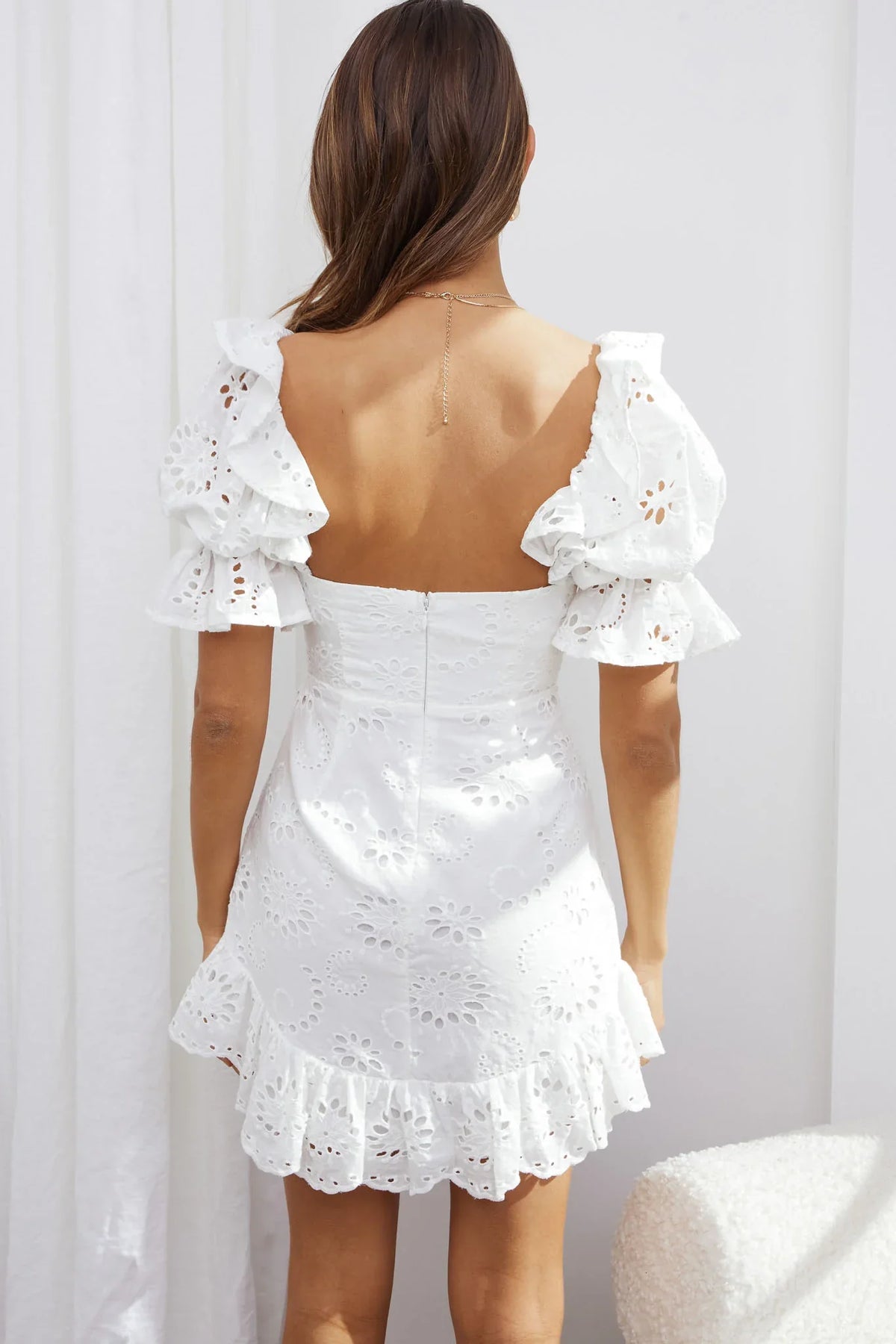 Meet Cute Twist Bust Puff Sleeve Eyelet Dress White
