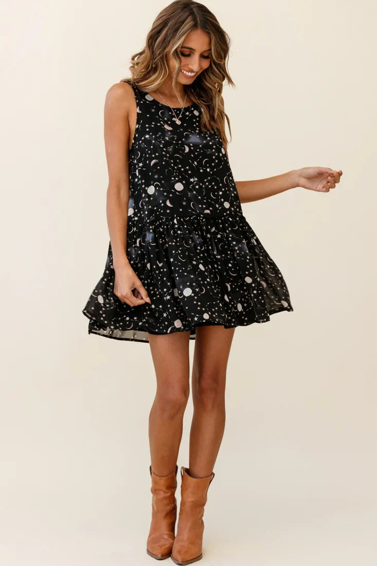 Mina Sleeveless Button Back Shift Dress Galaxy Print Black