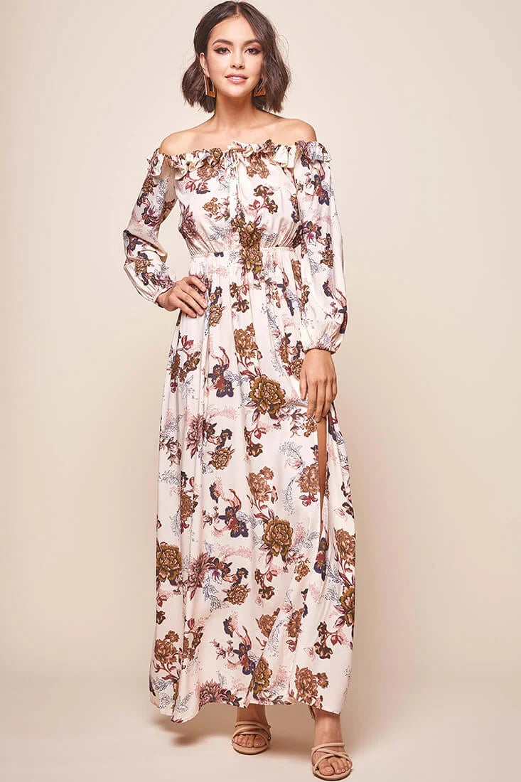 Tatiana Bardot Frill Neckline Maxi Dress Mocha