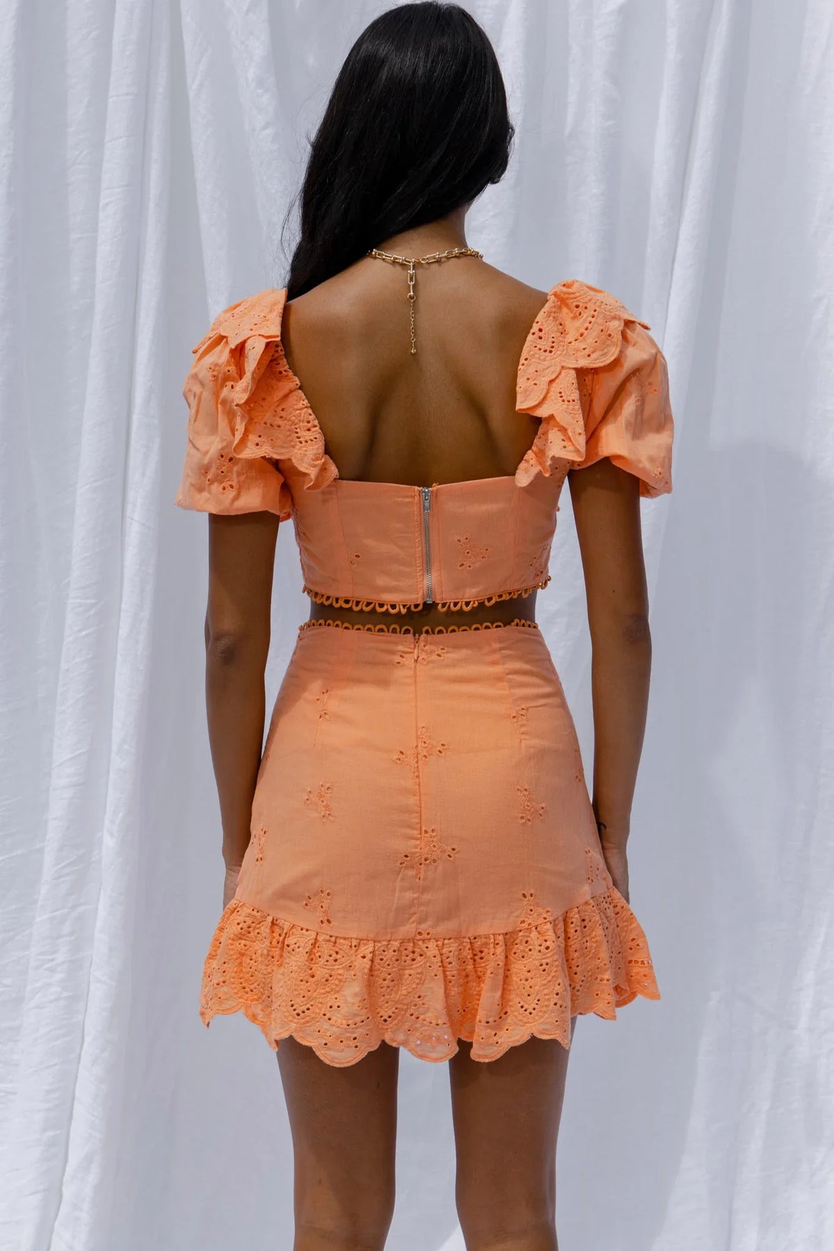 New Moon Ruffle Trim Puff Sleeve Eyelet Crop Top Orange