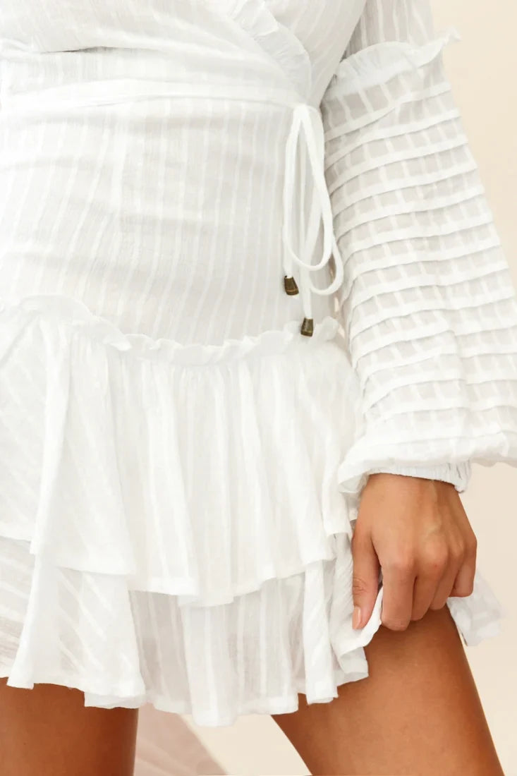 Neve Balloon Sleeve Layered Ruffle Hem Dress White