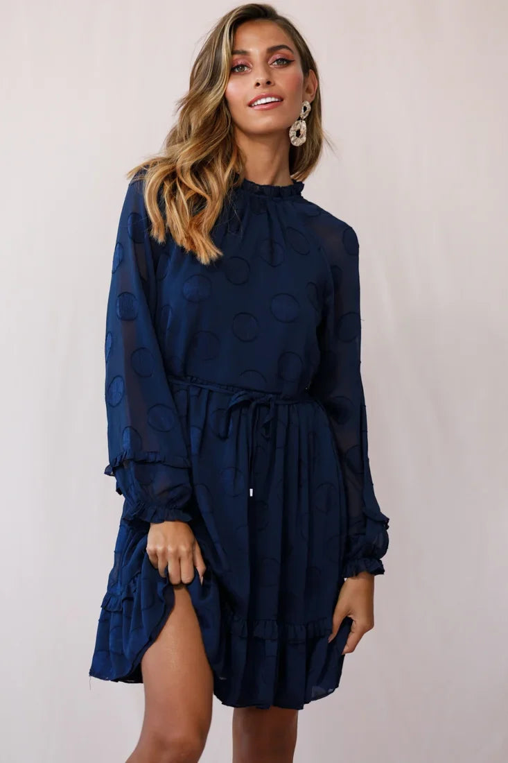 Tracee High Neckline Sheer Sleeve Polka Dot Dress Navy