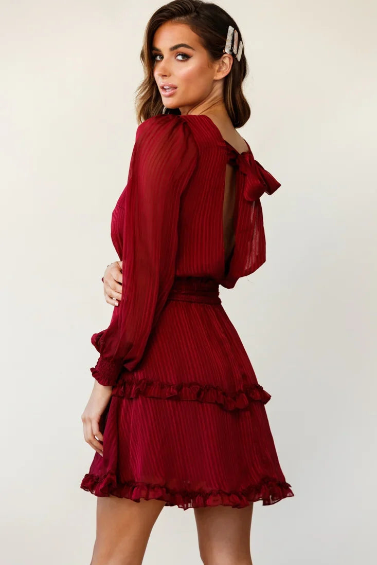 Mildred Long Sleeve Shirred Waist Frill Dress Wine