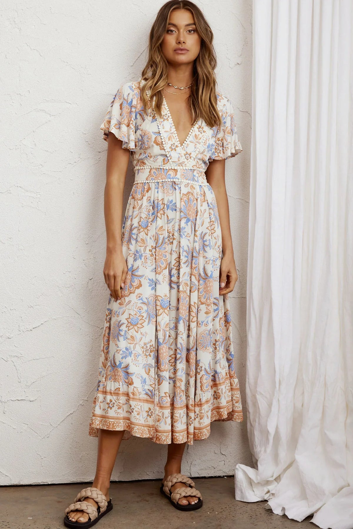 Kailee Short Sleeve Midi Dress Beige/Rust