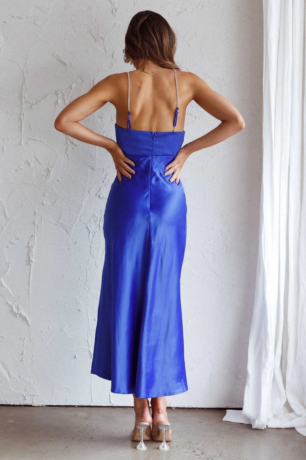 Venetia Diamante Strap Midi Dress Blue