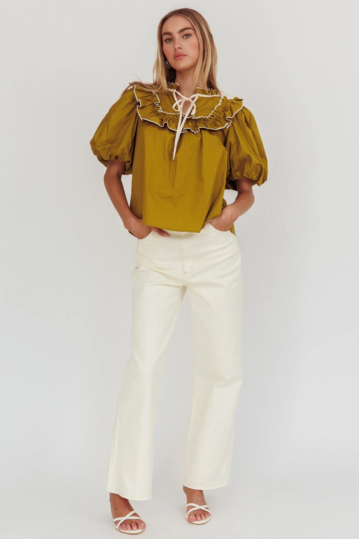 Remarkable Puff Sleeve Tied Neck Top Olive