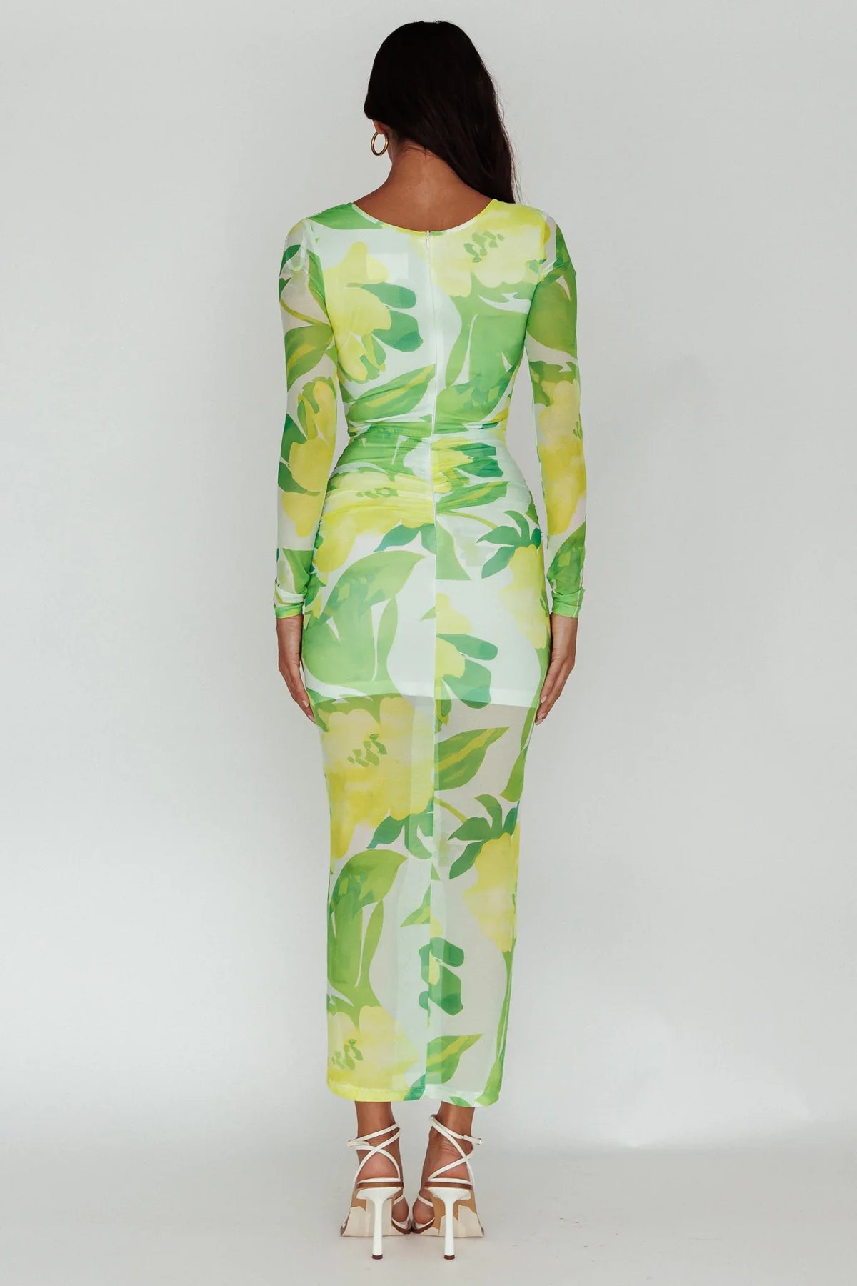 Chardae Long Sleeve Mesh Midi Dress Floral Green