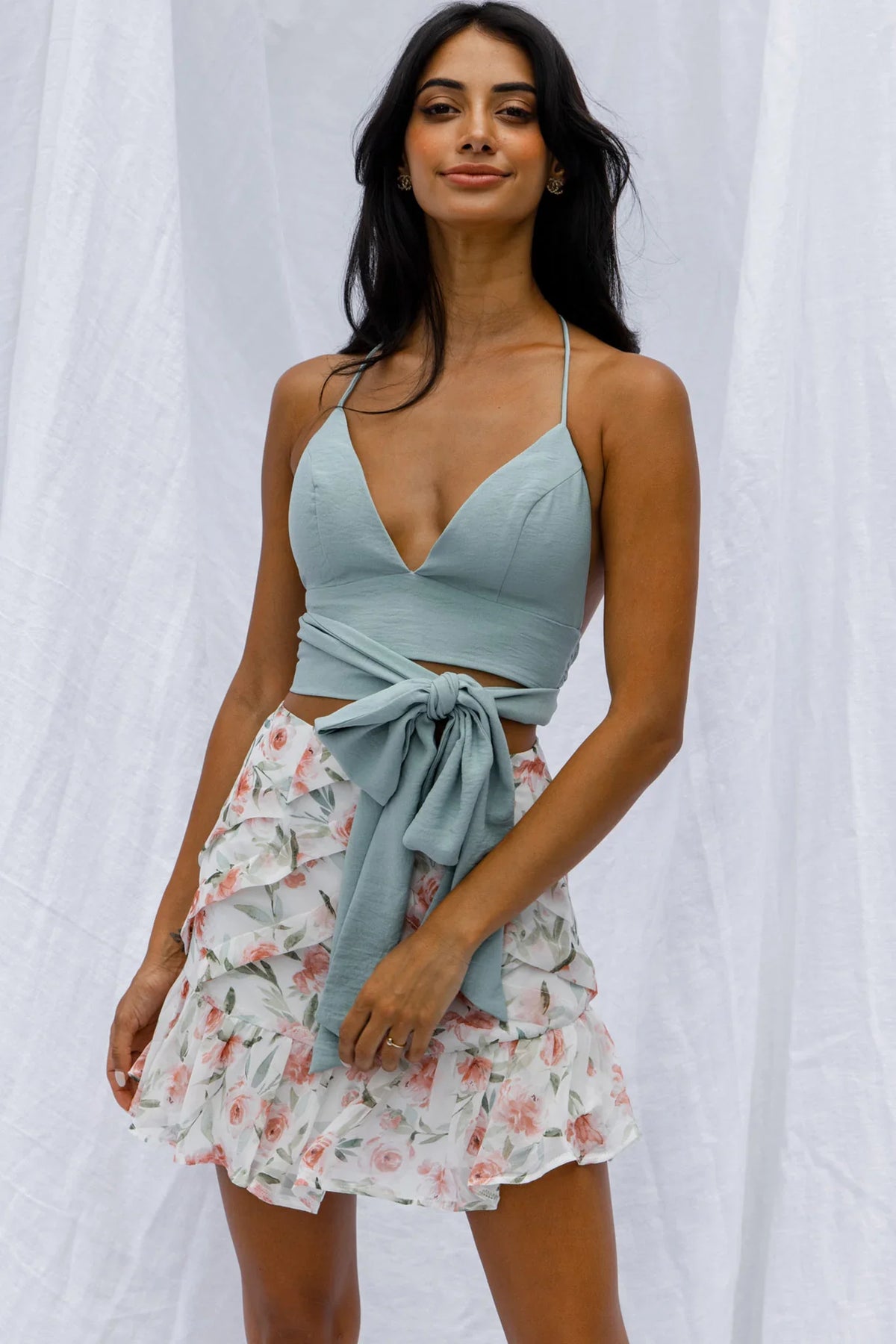 Versa Pintuck Pleat Ruffle Hem Skirt Floral Print White