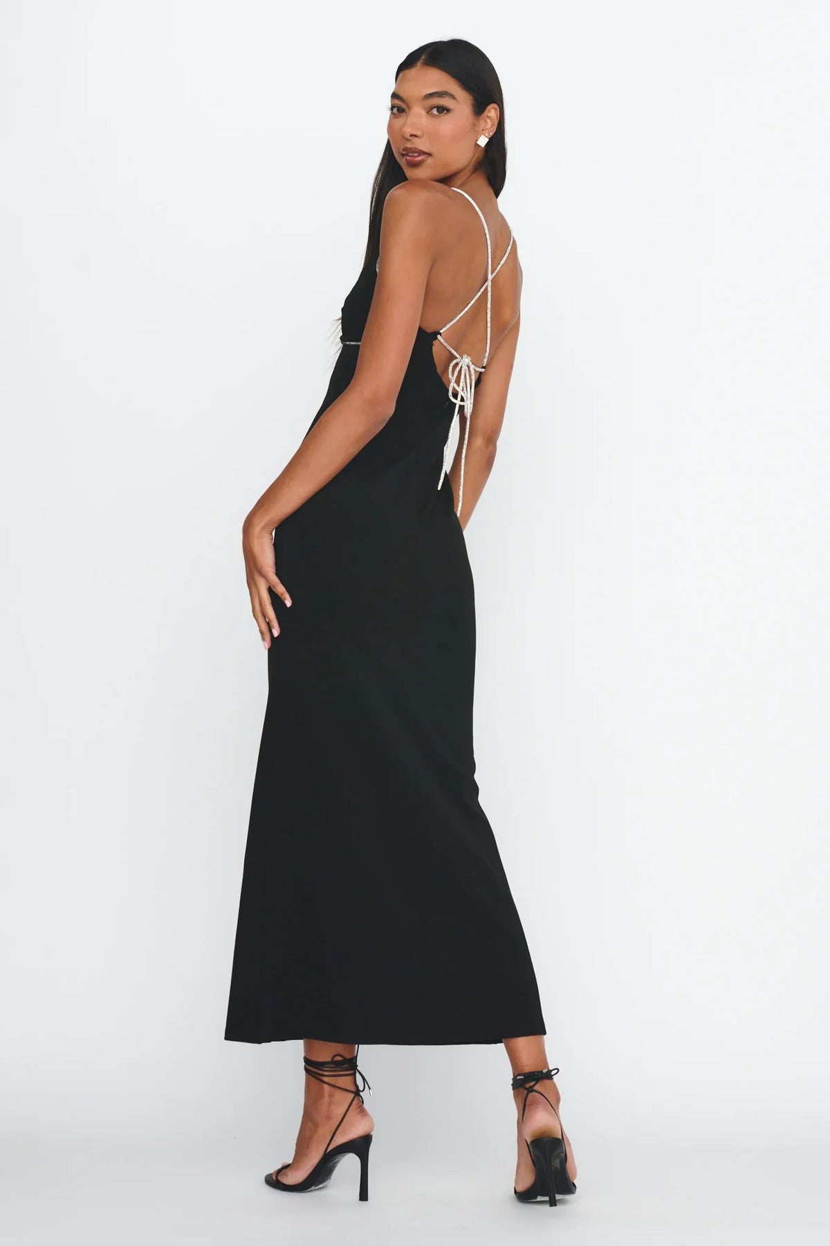 Harleigh Diamante Strap Tied Back Dress Black