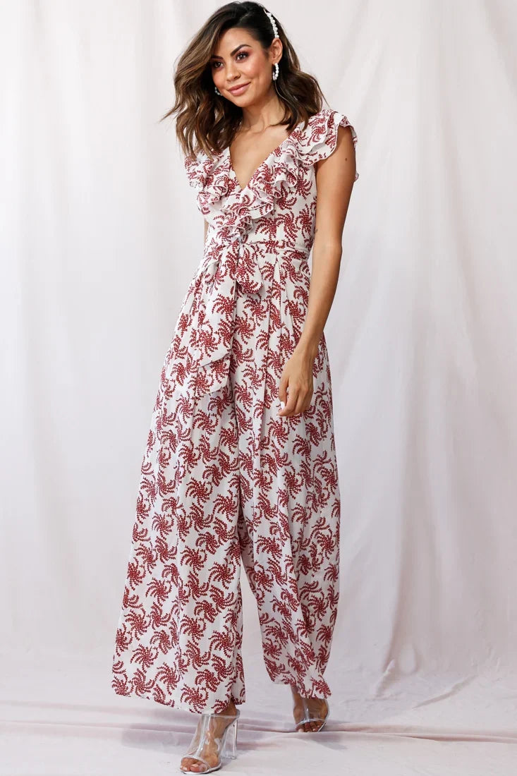 Marcia Ruffle Strap Wide Leg Jumpsuit Floral Print Beige