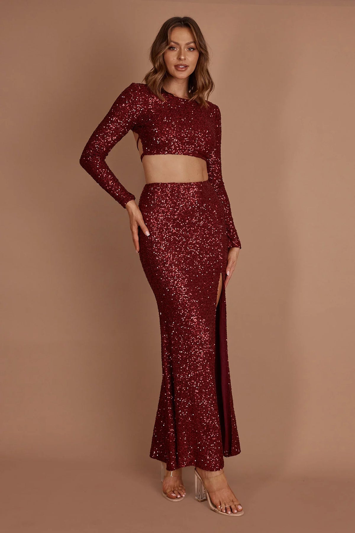 Nights In Monaco Split Sequin Maxi Skirt Burgundy