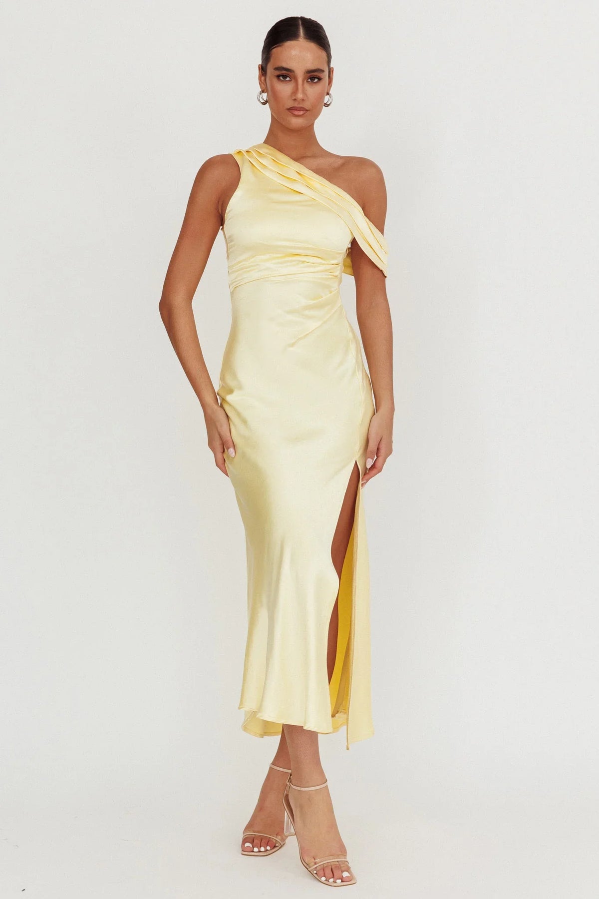 Floret Asymmetric Neckline Midi Dress Butter