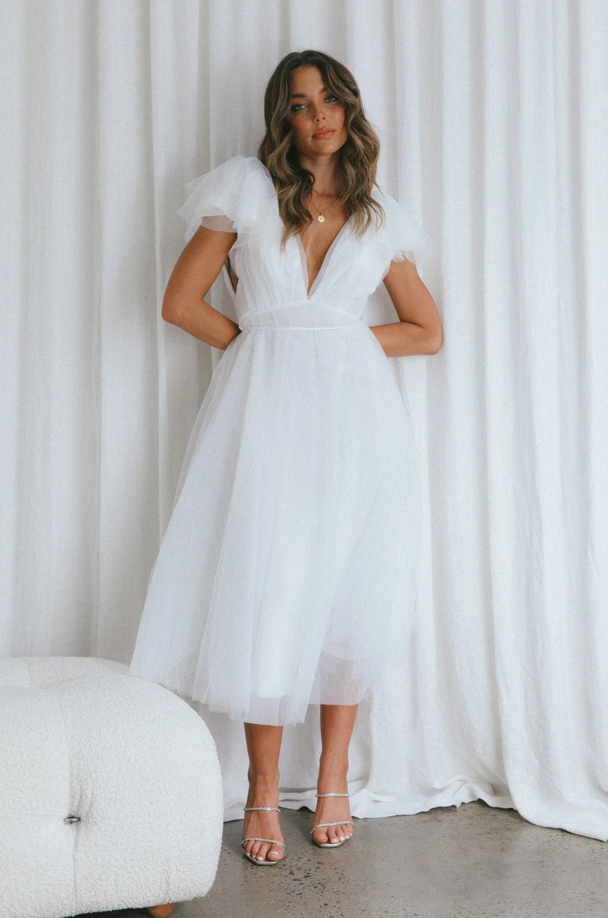 Leap Of Faith Frill Shoulder Tulle Midi Dress White