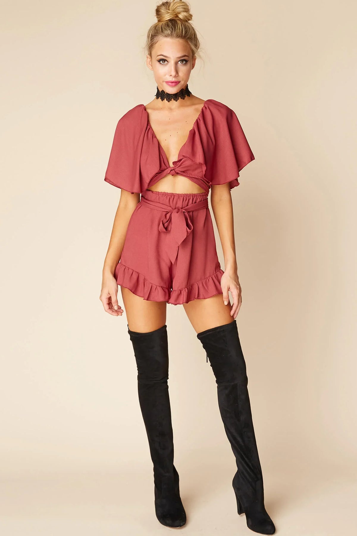 Shelly Ruffled cutout Romper Rose