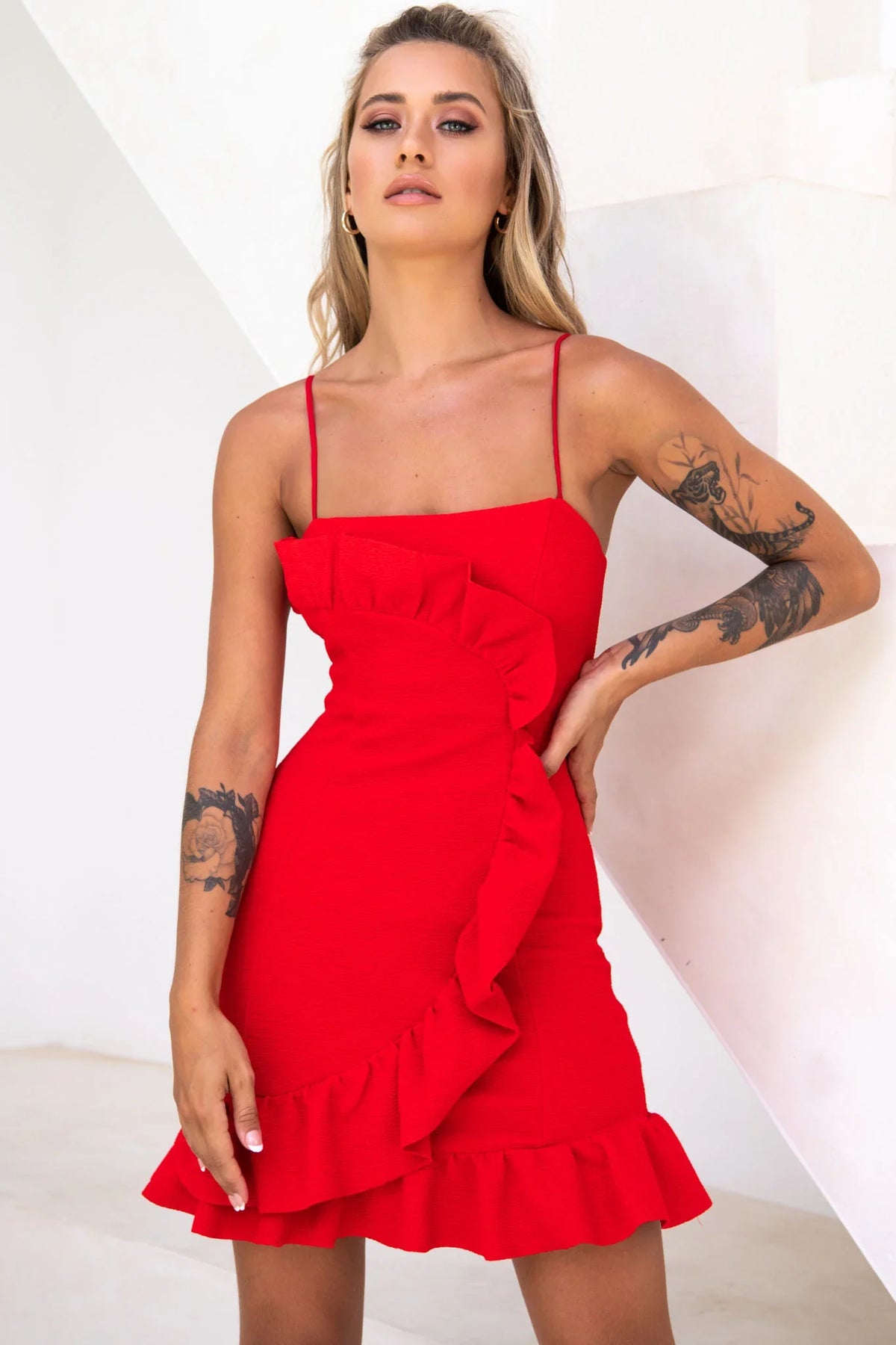 Juanita Half Moon Ruffle Detail Bodycon Dress Red