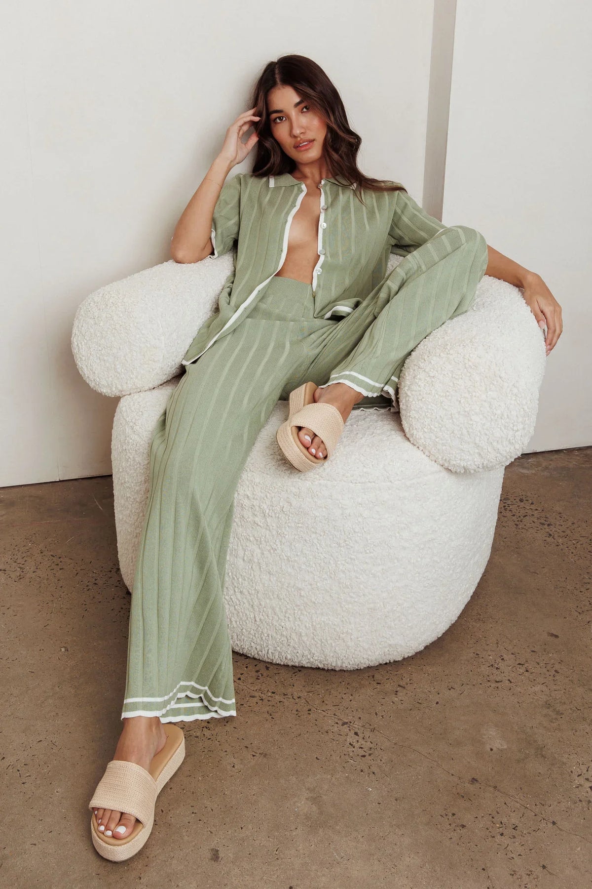 Liloh Contrast Ribbed Wide Leg Pant Sage