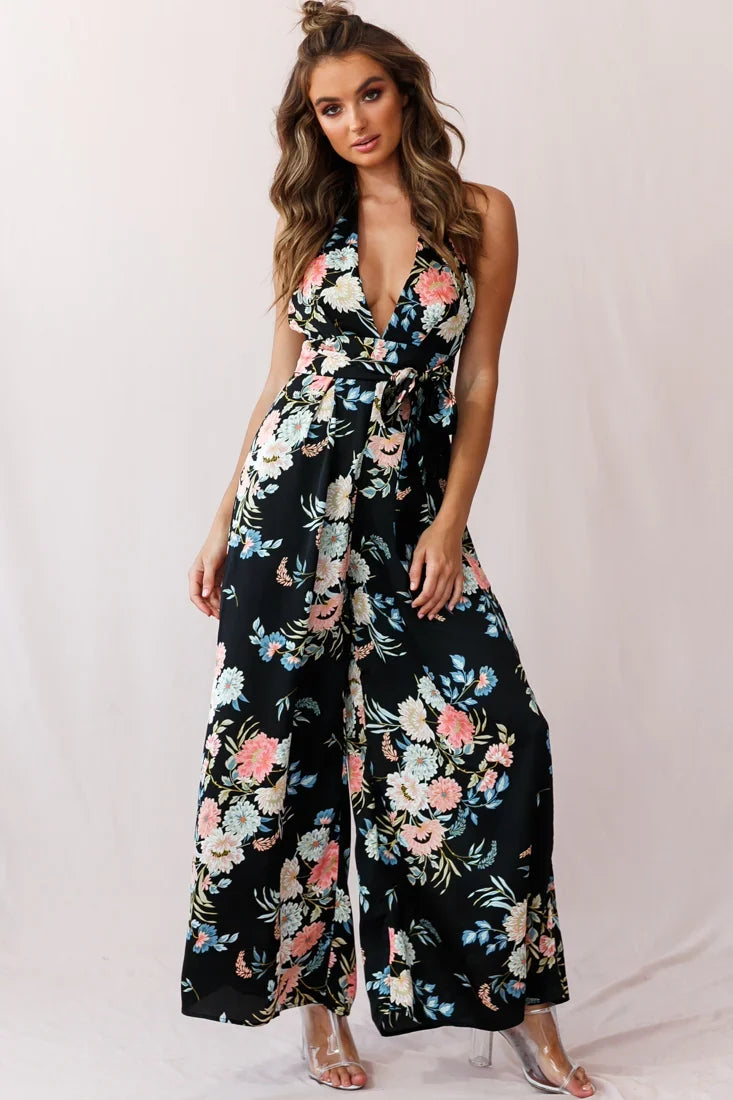 Make Me Halterneck Low Back Jumpsuit Floral Print Black
