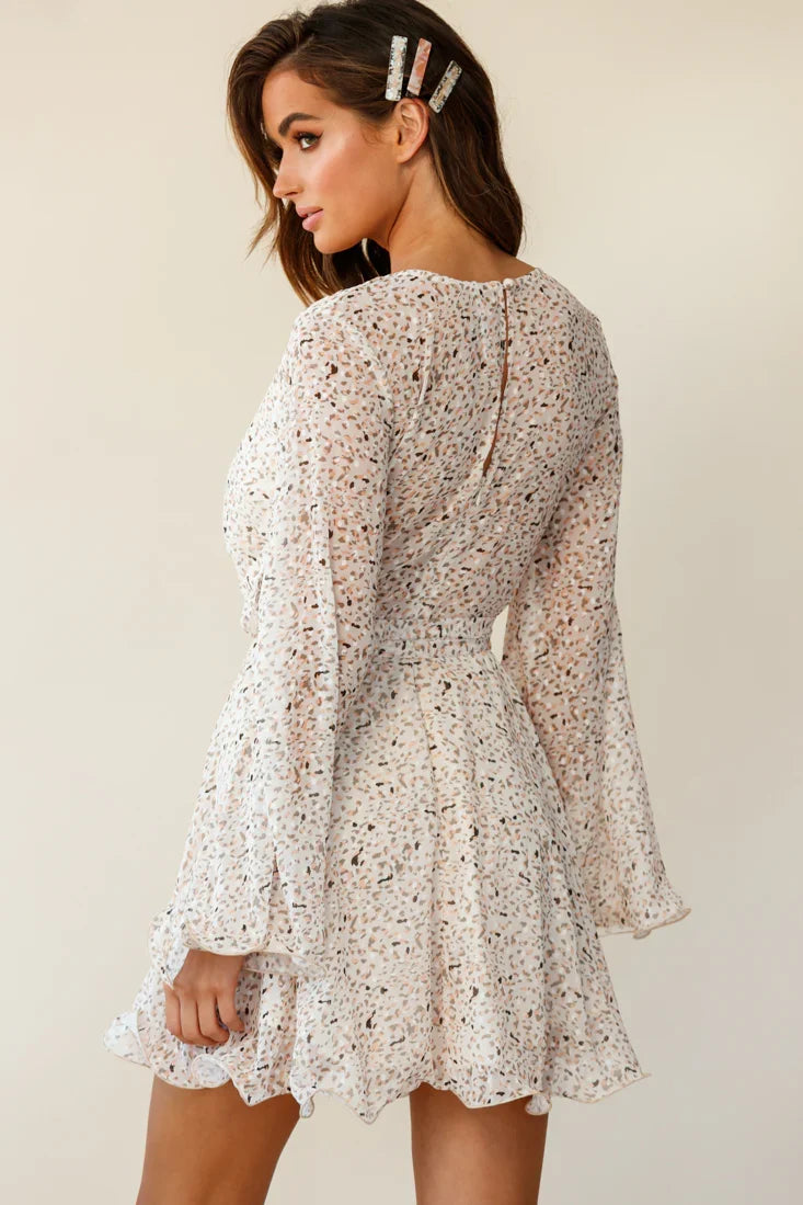 Zinnia Long Sleeve Lettuce Edge Dress Speckle Print Nude