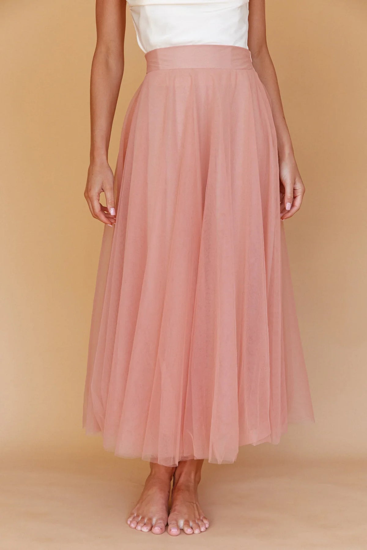 Jasmine Organza Mesh Elasticated Waist Midi Skirt Lipstick