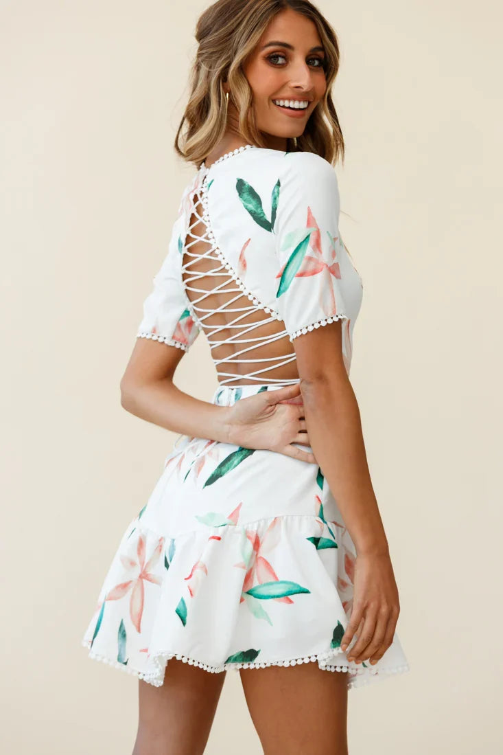 Manuela Half Sleeve Lace-Up Back Dress Leaf Print White