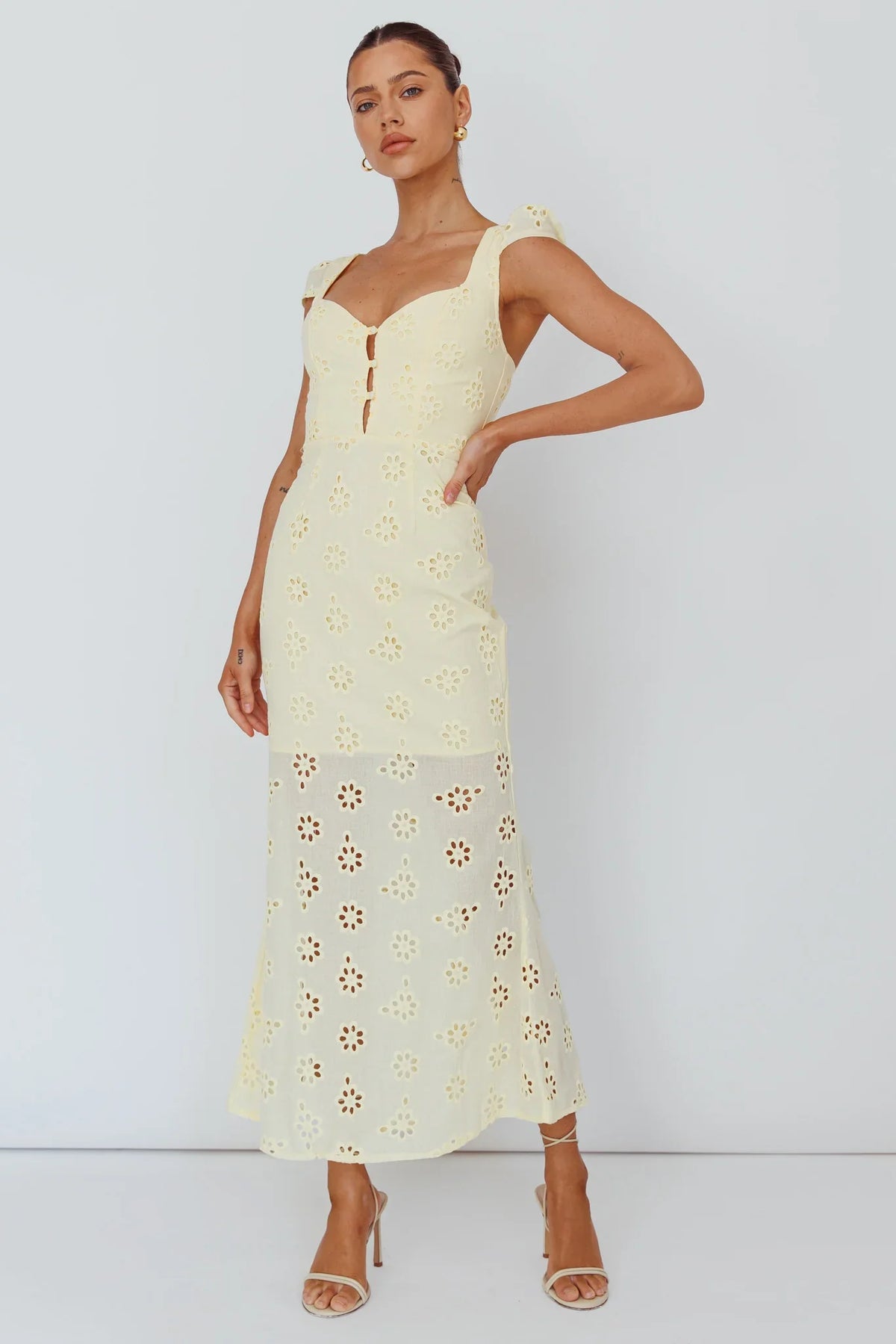 Bohemian Sun Cap Sleeve Eyelet Midi Dress Yellow