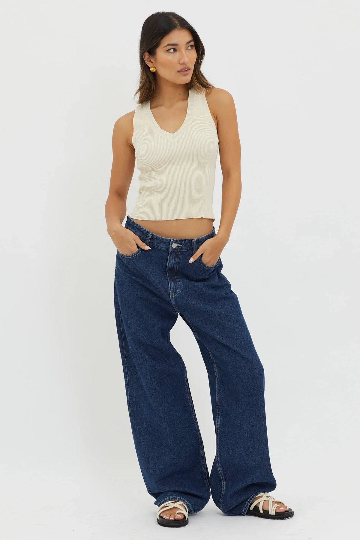 D'Lila V-Neck Ribbed Knit Top Cream