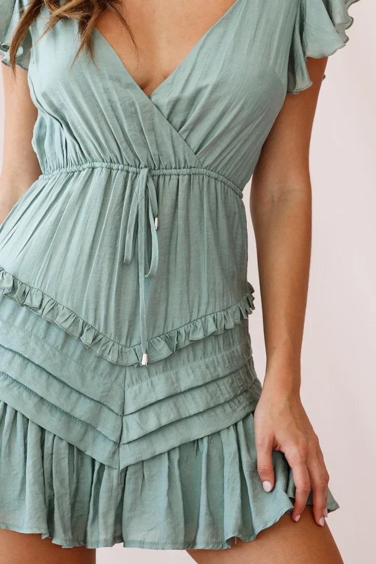 Willah Pintuck And Frill Detail Drawstring Dress Olive