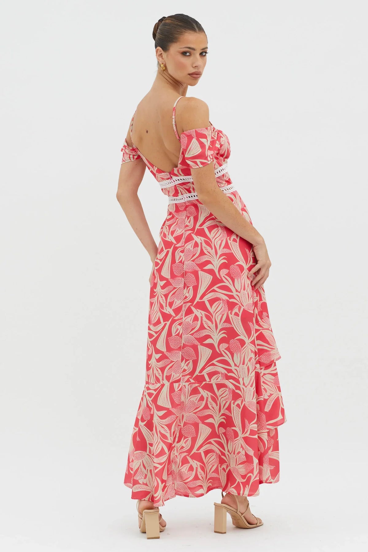 Seina Off-Shoulder Crochet Trim Dress Print Red