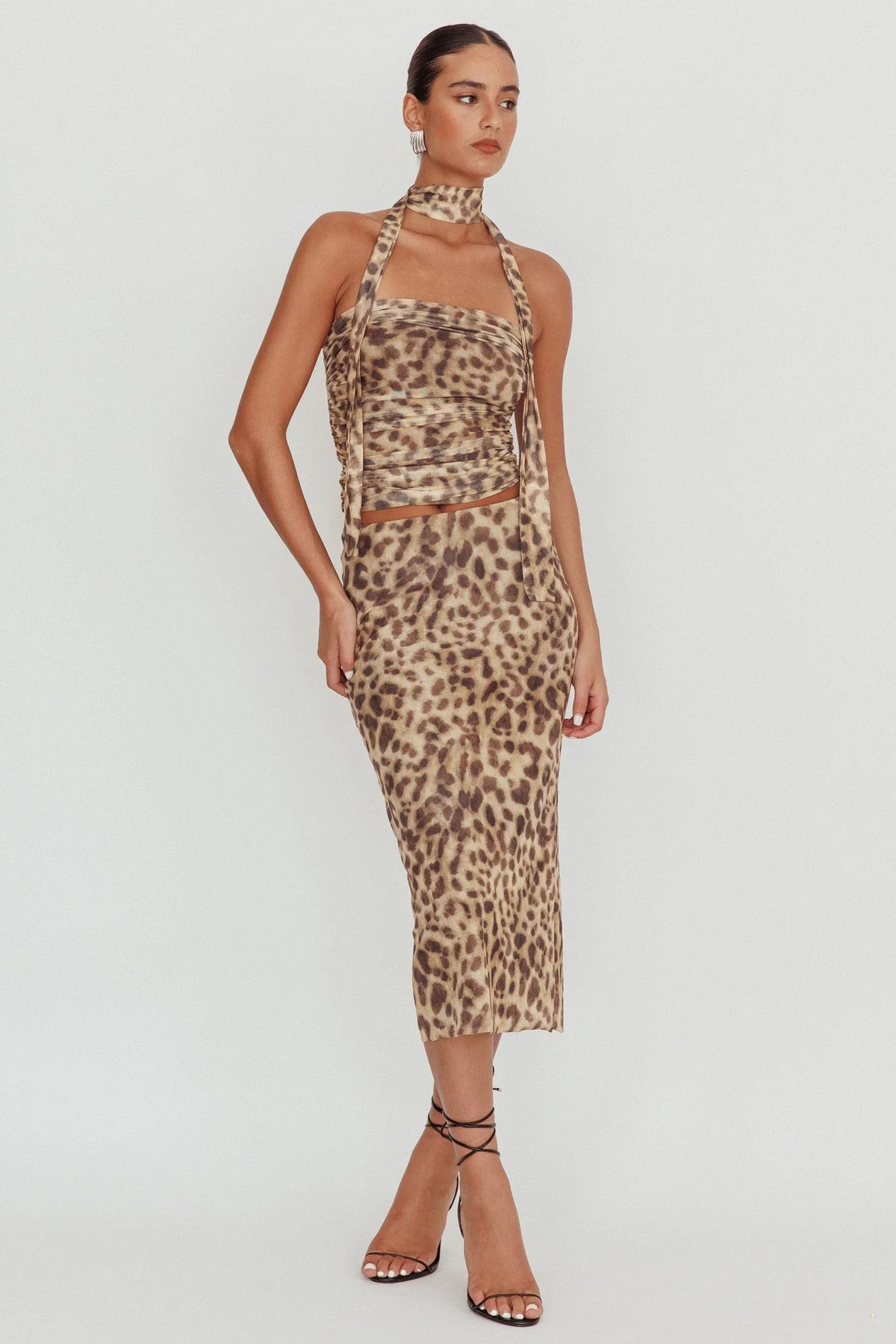 Meet Up Elastic Waist Midi Skirt Leopard