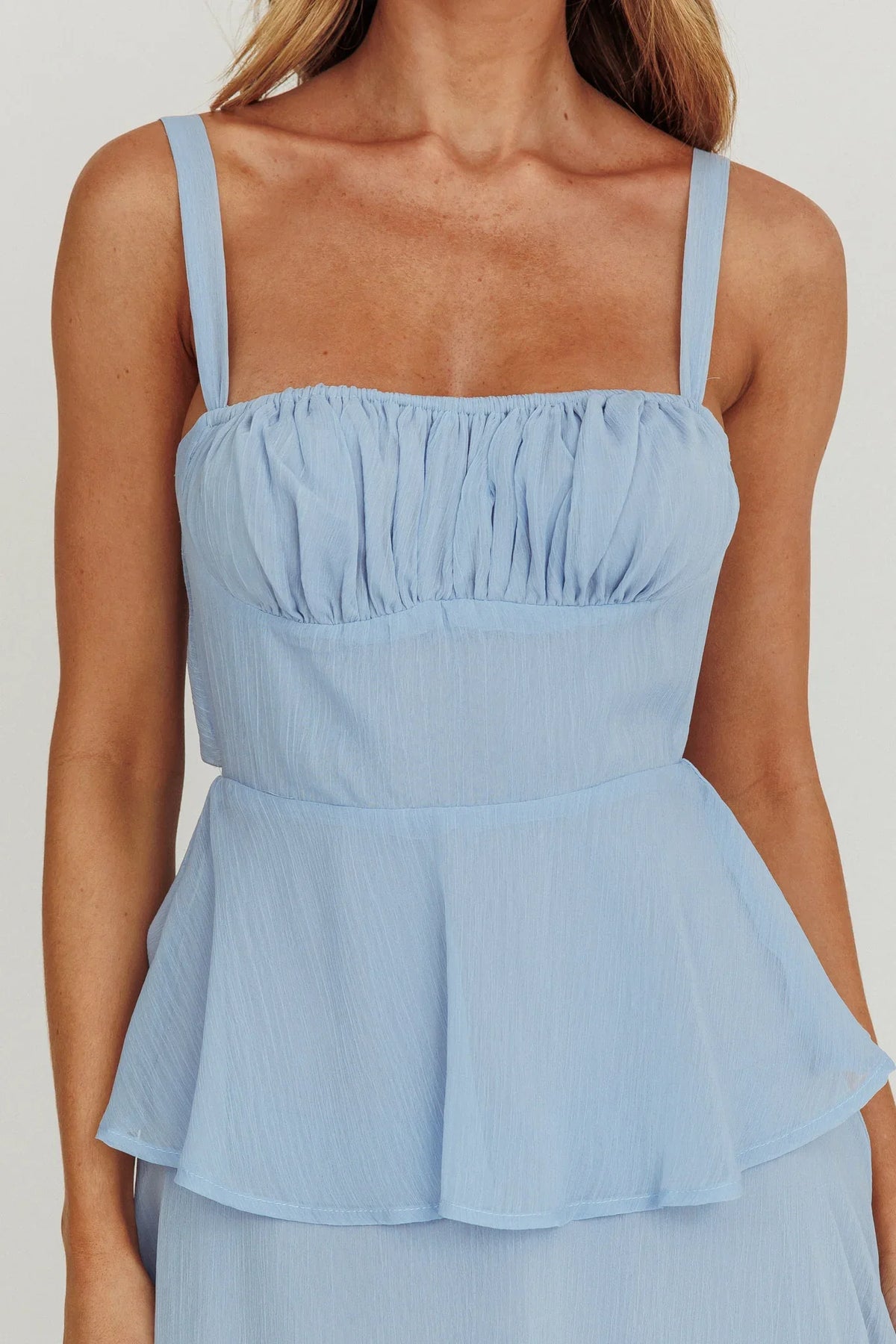 Provence Bloom Tiered Ruffle Maxi Dress Sky Blue