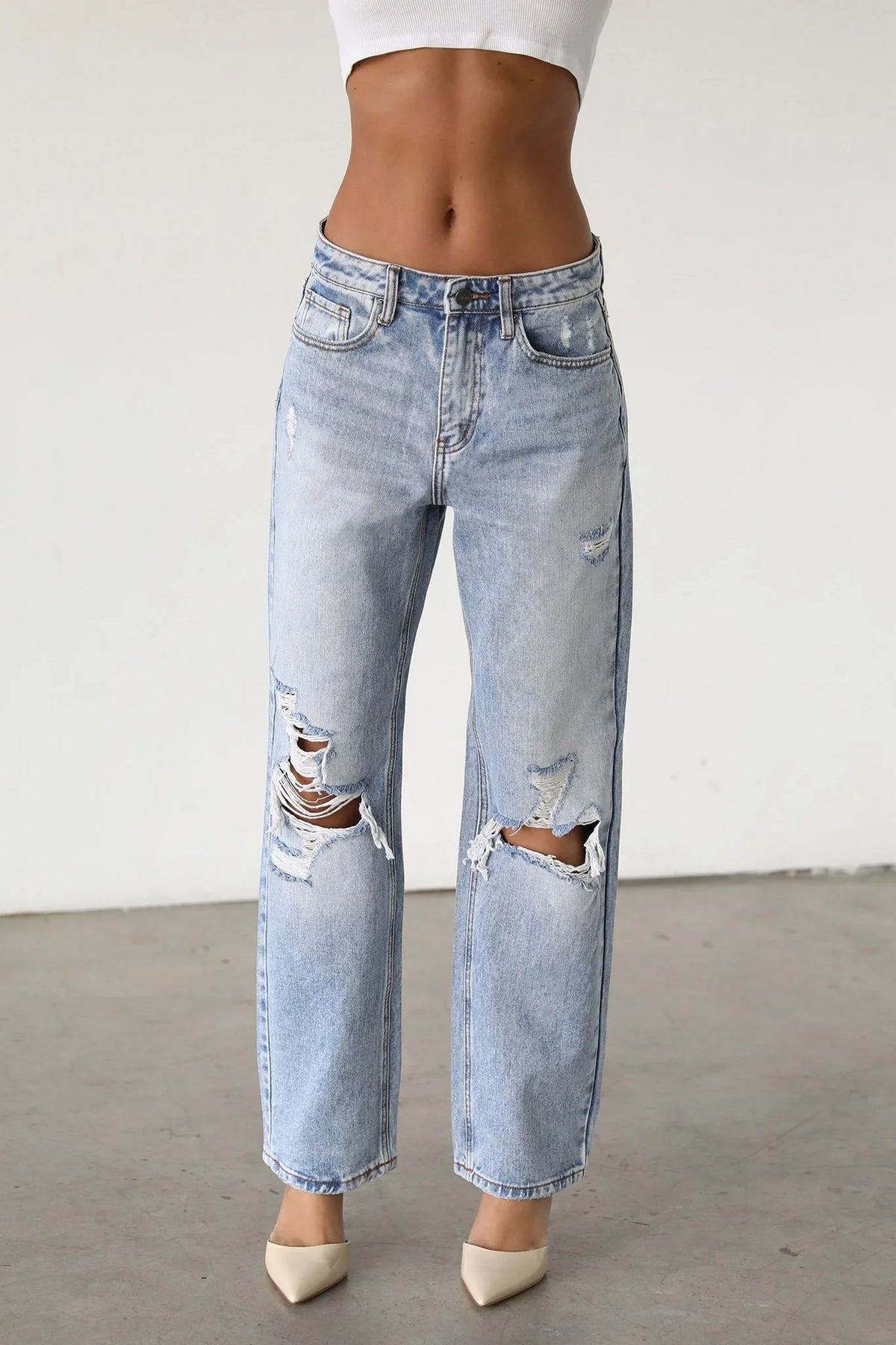 DOGMA High Rise Straight Leg Denim Jeans Distressed Light Wash