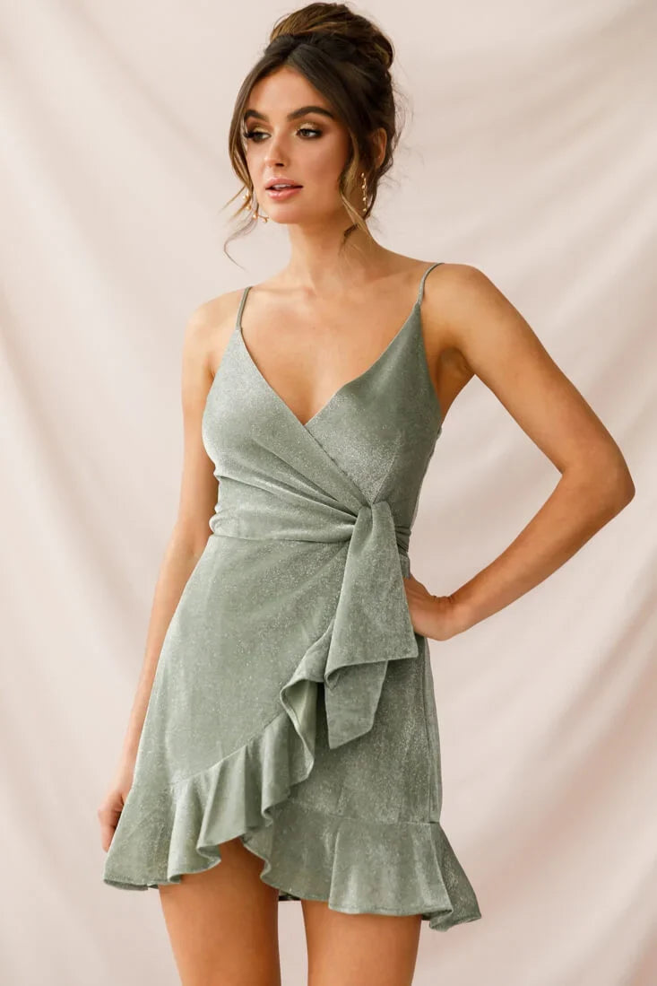Laural Faux Wrap Ruffle Hem Dress Olive