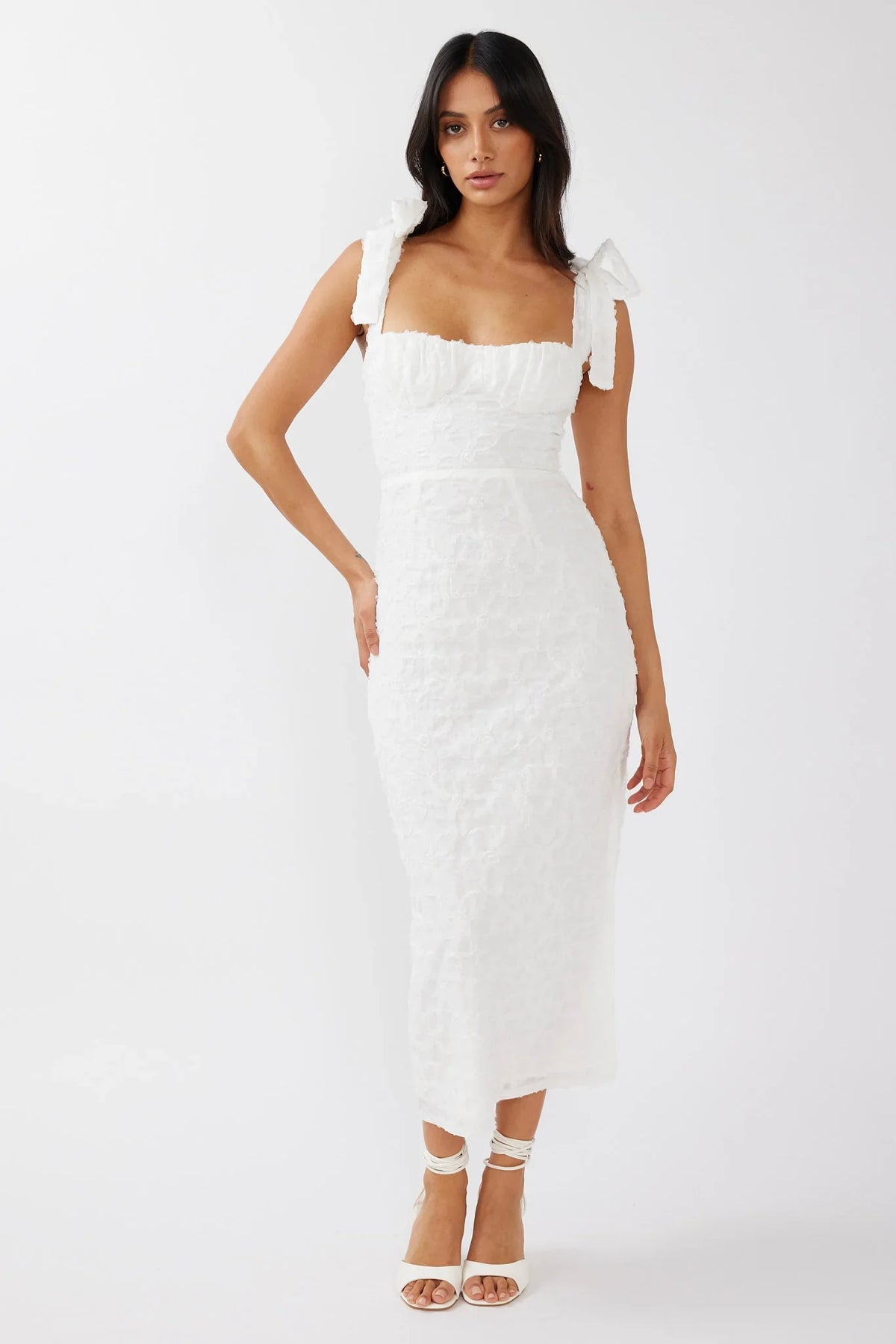 Cupid Tied Shoulder Embellished Midi Dress White