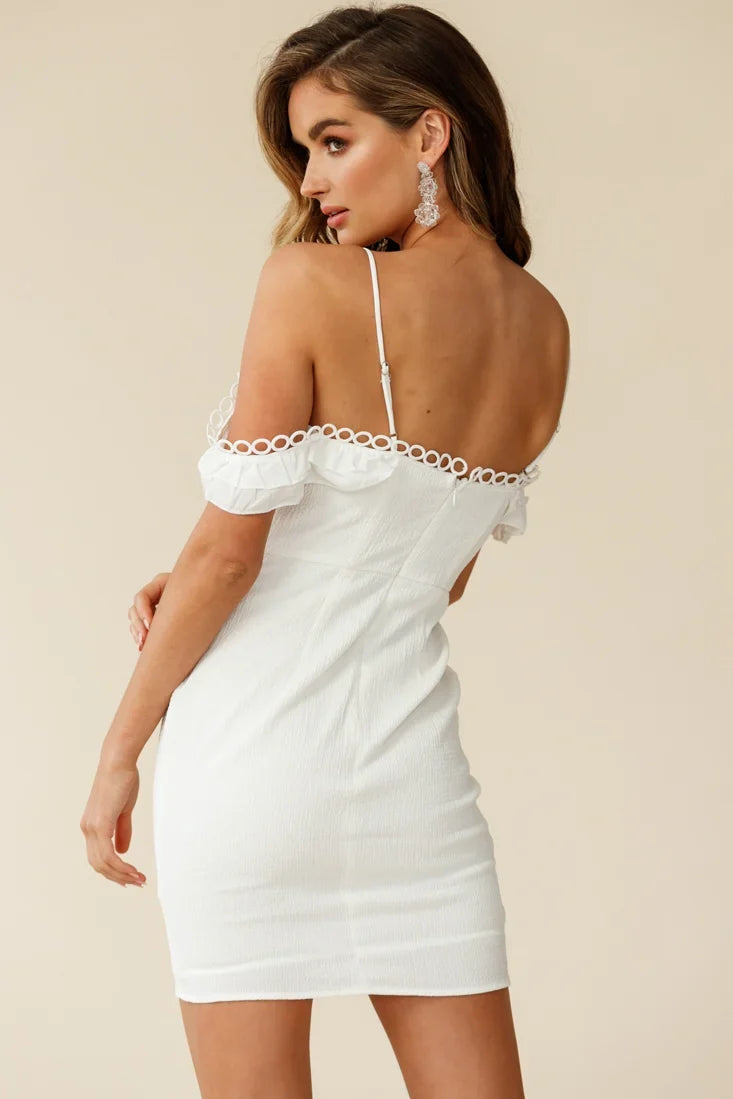 Laylani Frill-Trimmed Sweetheart Neckline Bodycon Dress White