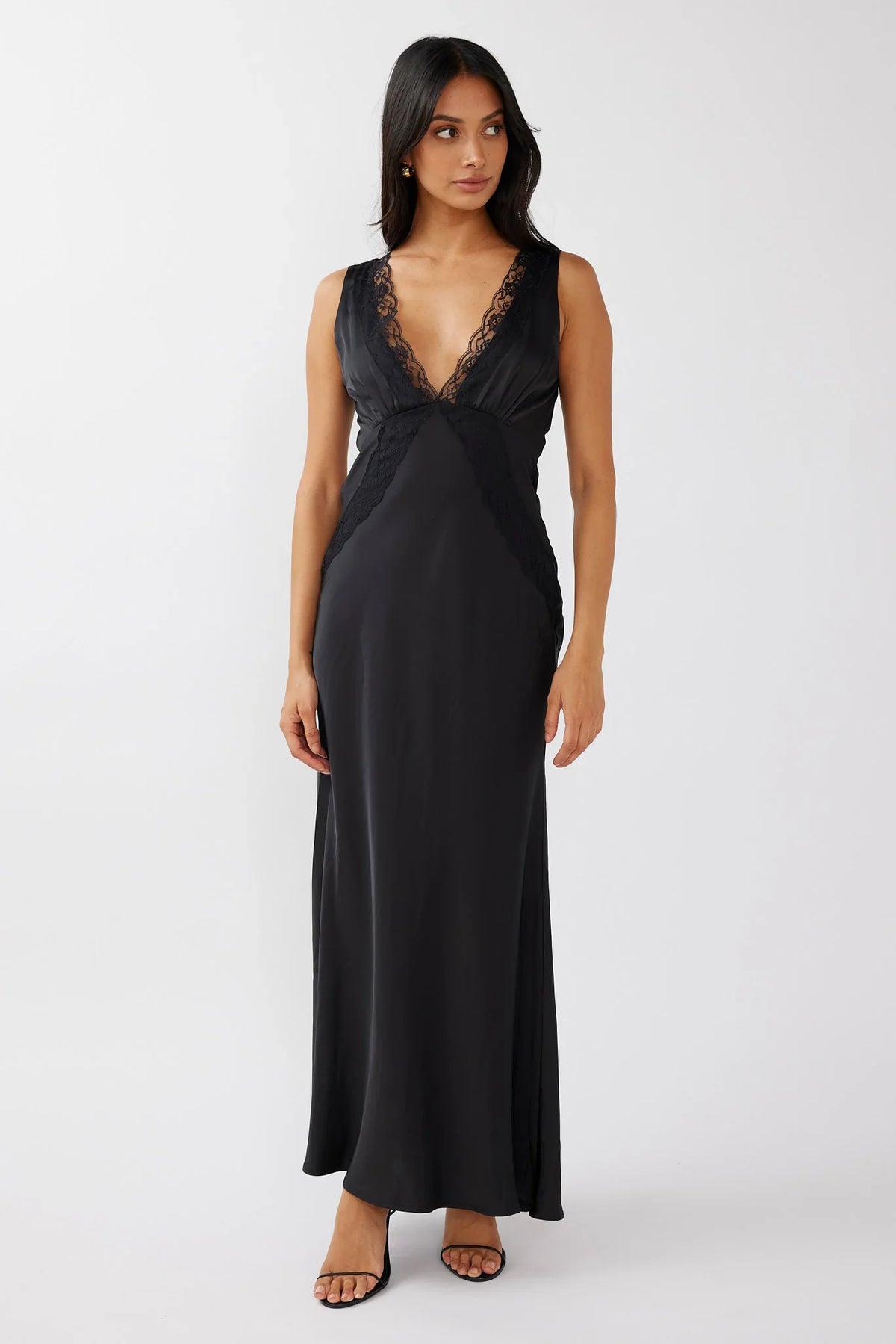 Ivonne Lace Trim V-Neck Maxi Dress Black