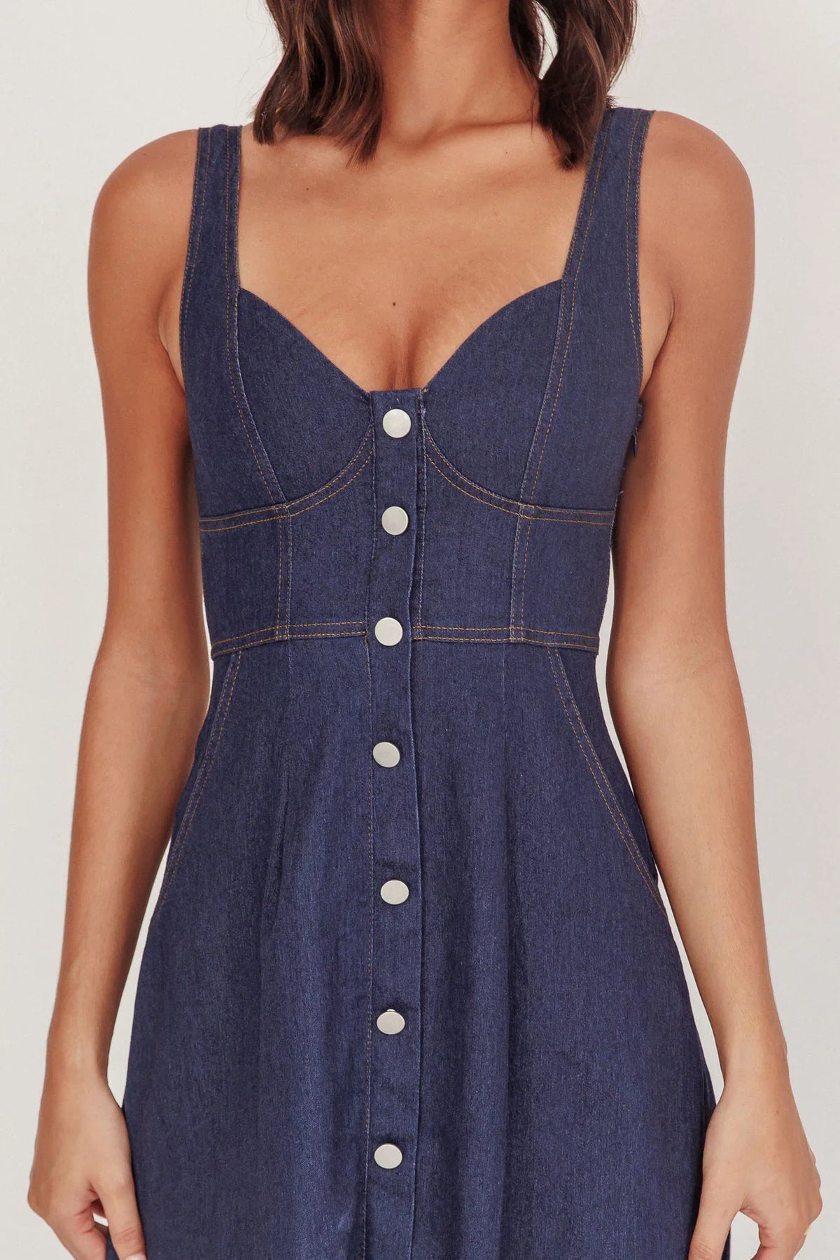 Pixie Dust Button Front Midi Dress Dark Denim