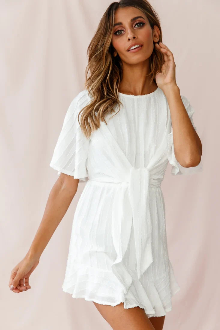 Knowing Tie-Front Frill Hem Dress White