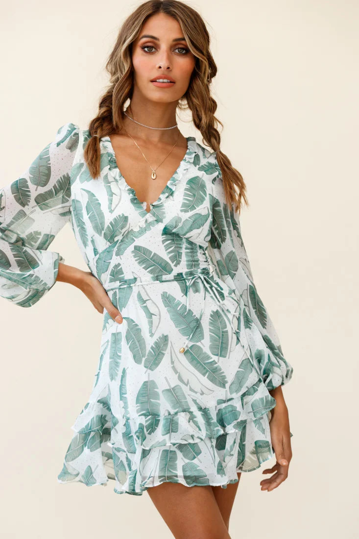 Tozzi Long Balloon Sleeve V-Neckline Dress Feather Print White