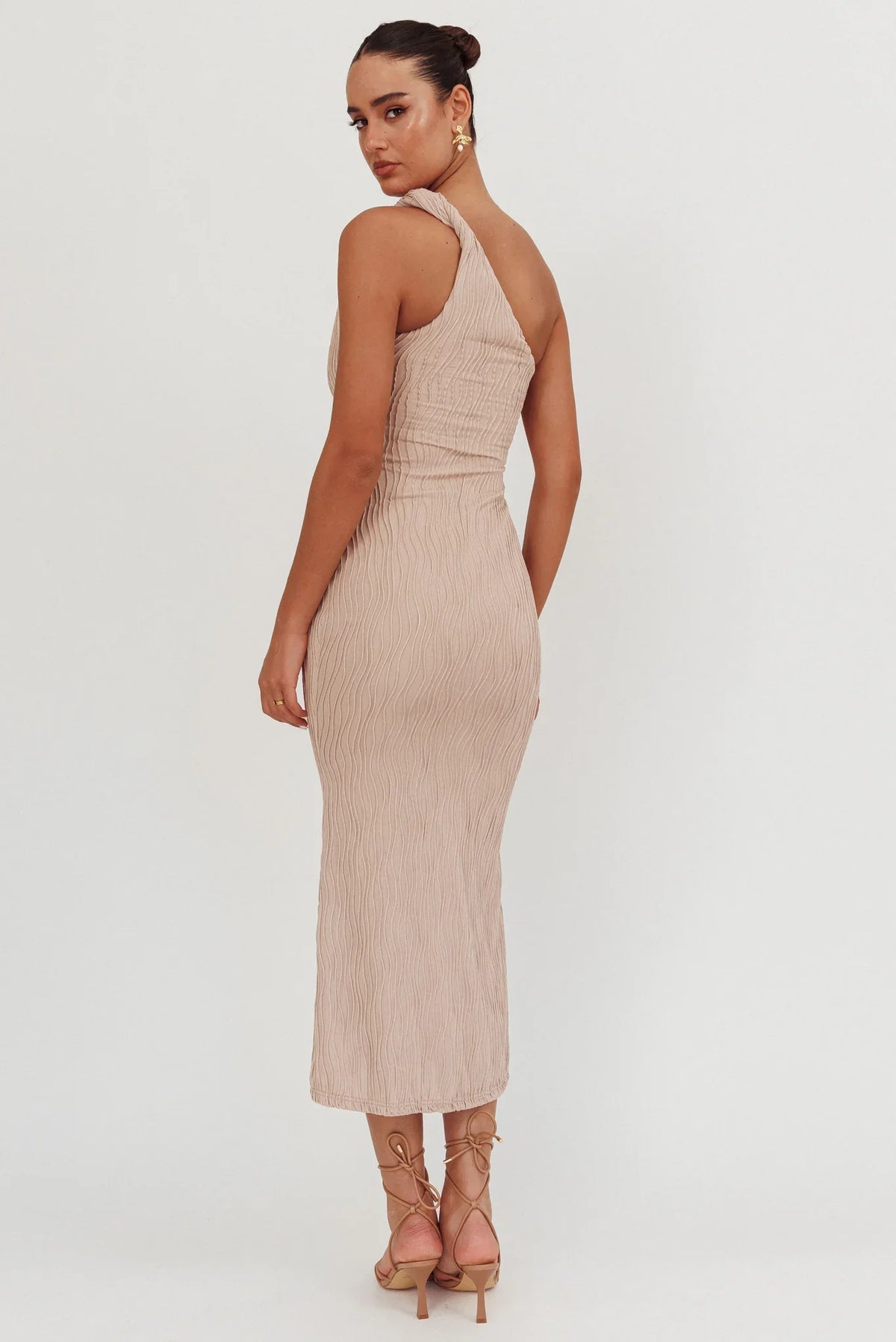 Lingering Love One-Shoulder Twist Midi Dress Beige