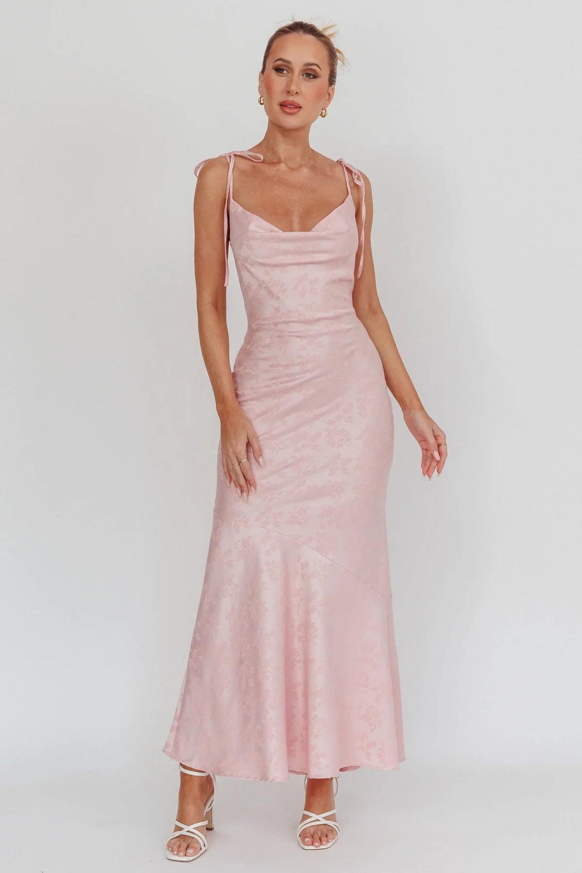 Belonging Cowl Neck Tied Shoulders Maxi Dress Blush