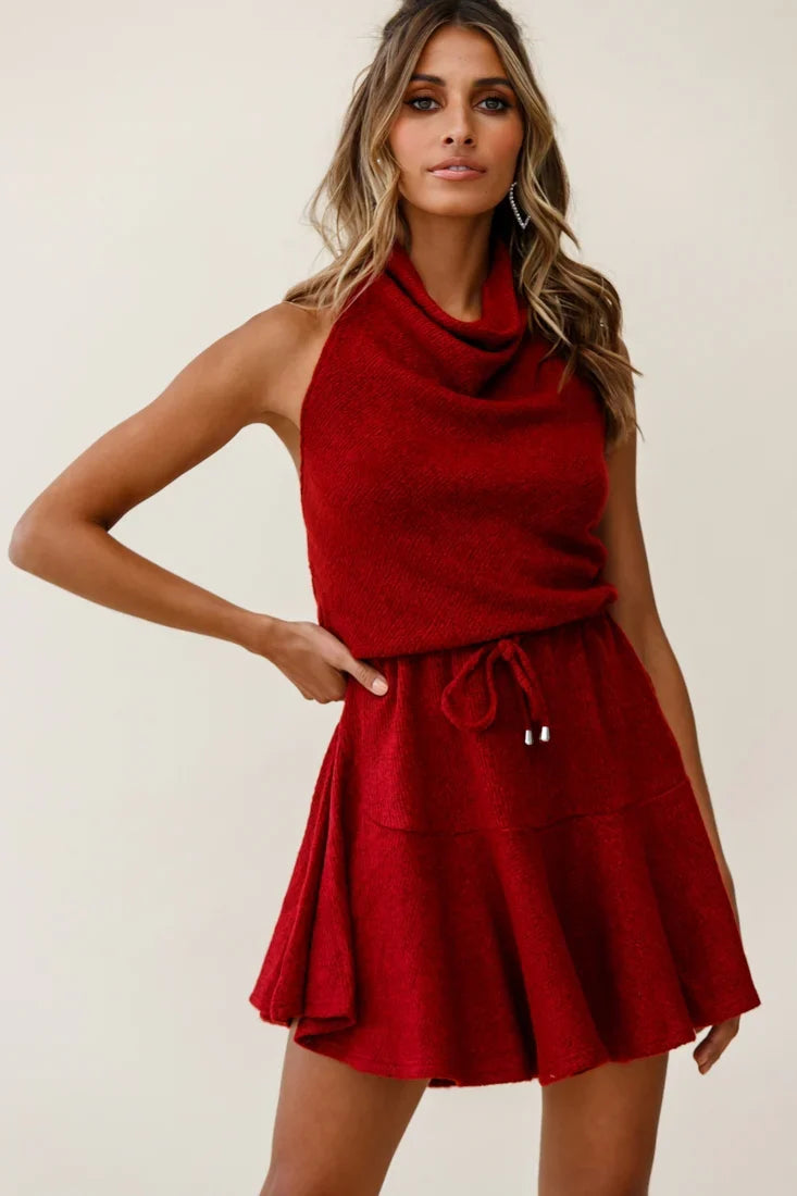 Cosette Cowl Halterneck Knit Dress Wine