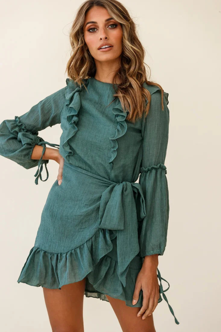 Tila Long Balloon Sleeve Wrap Front Dress Khaki
