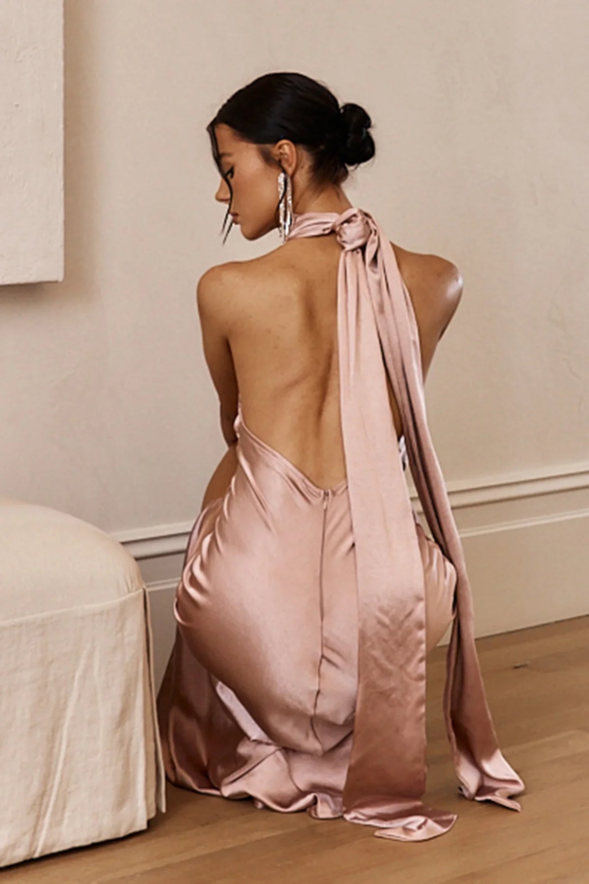 Lunar Eclipse Halterneck Satin Midi Dress Dusty Pink