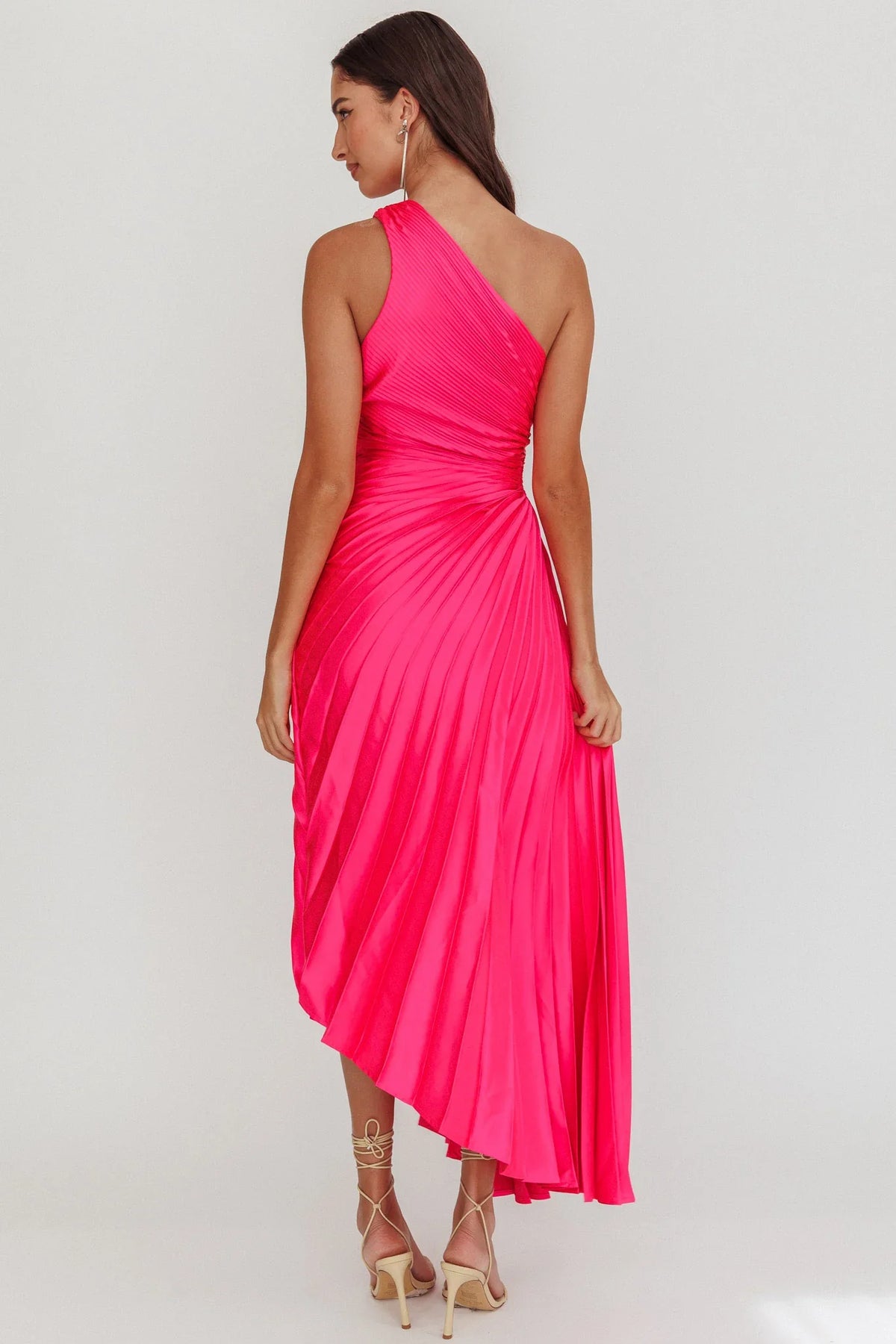 Brooklynn One-Shoulder Accordion Pleat Satin Midi Dress Fuchsia
