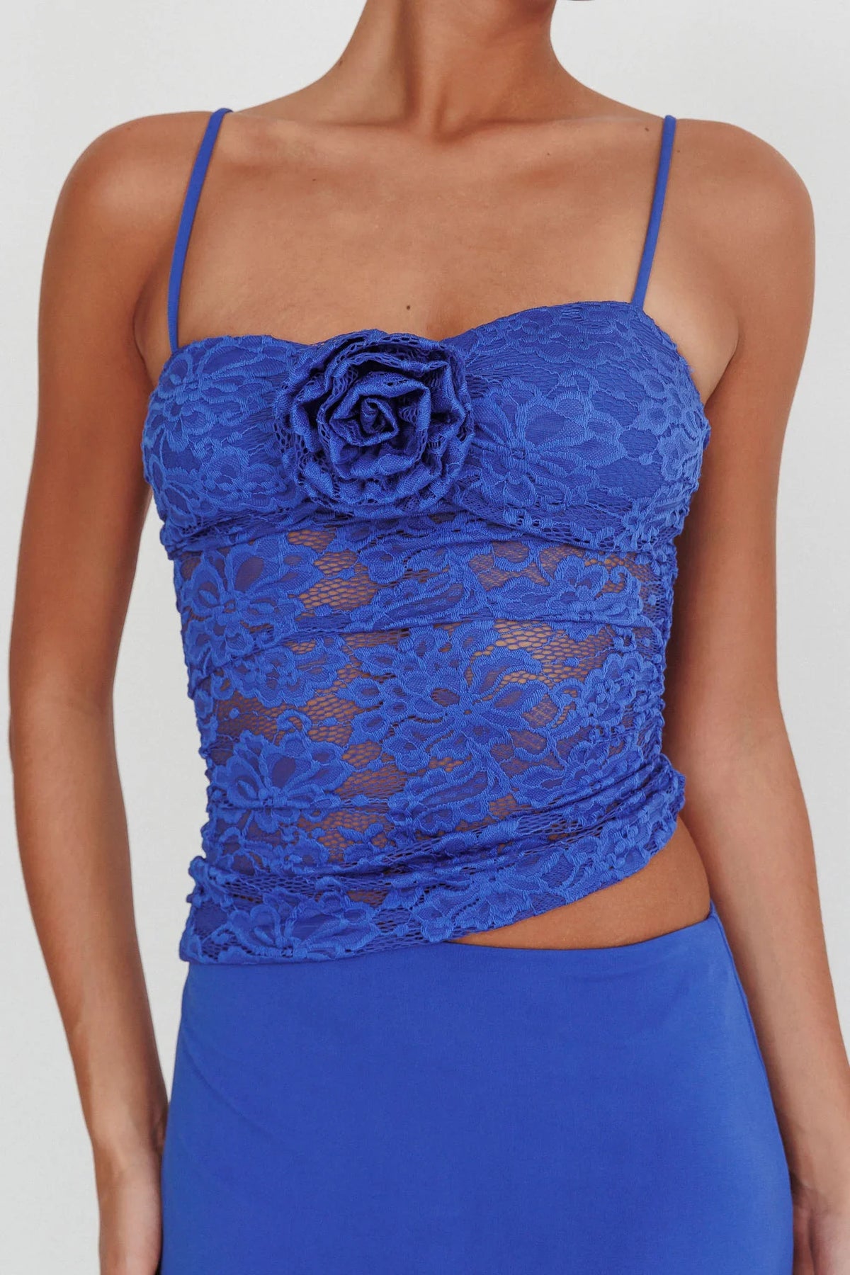 Lorely Lace Rosette Maxi Dress Top Blue