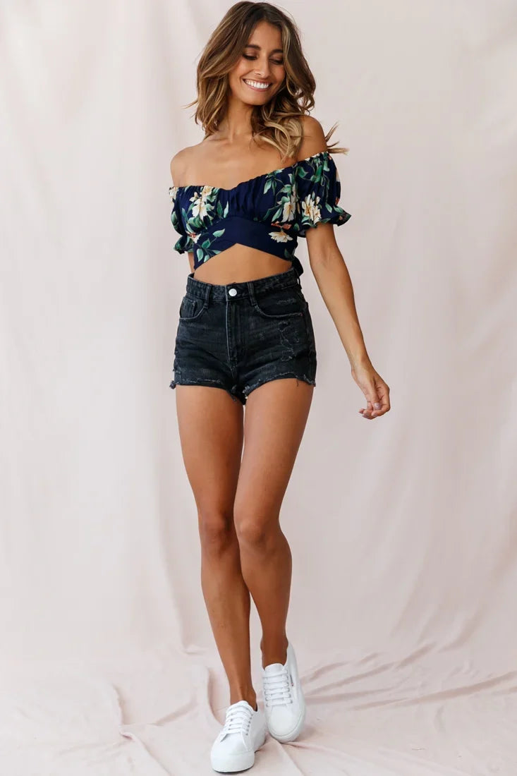 Linka Off-Shoulder Tie-Back Crop Top Floral Print Navy