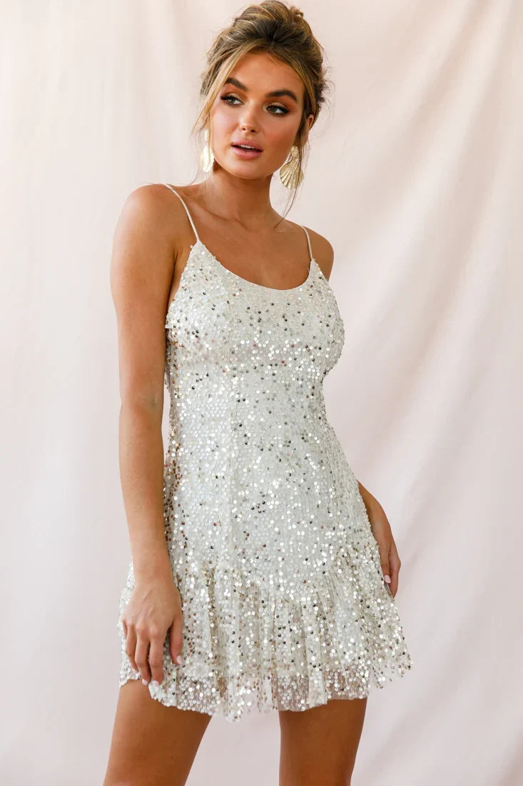 Shine Spaghetti Strap Sequin Mini Dress Champagne